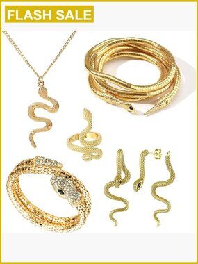 5-Piece Snake Jewelry Set with Bracelet, Necklace, Earrings, Ring